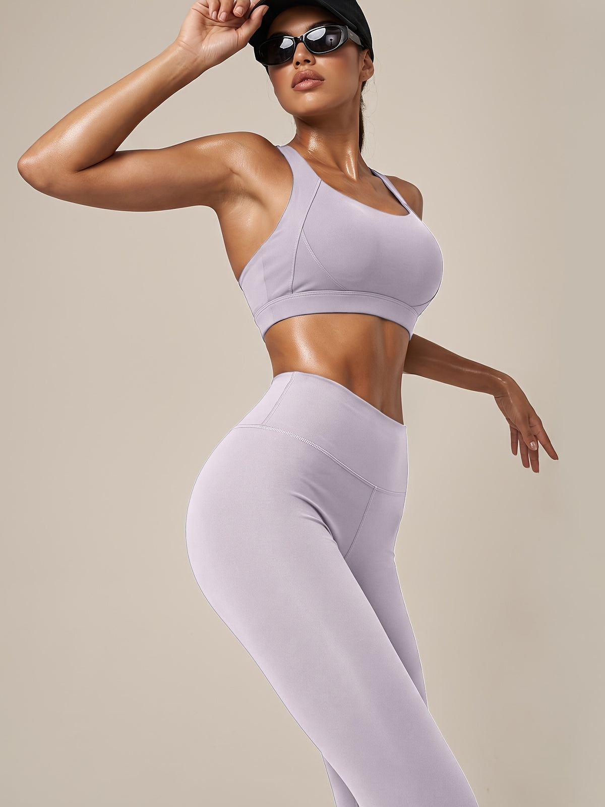 Criss Cross Bra & Pocket Leggings Set - Light Purple