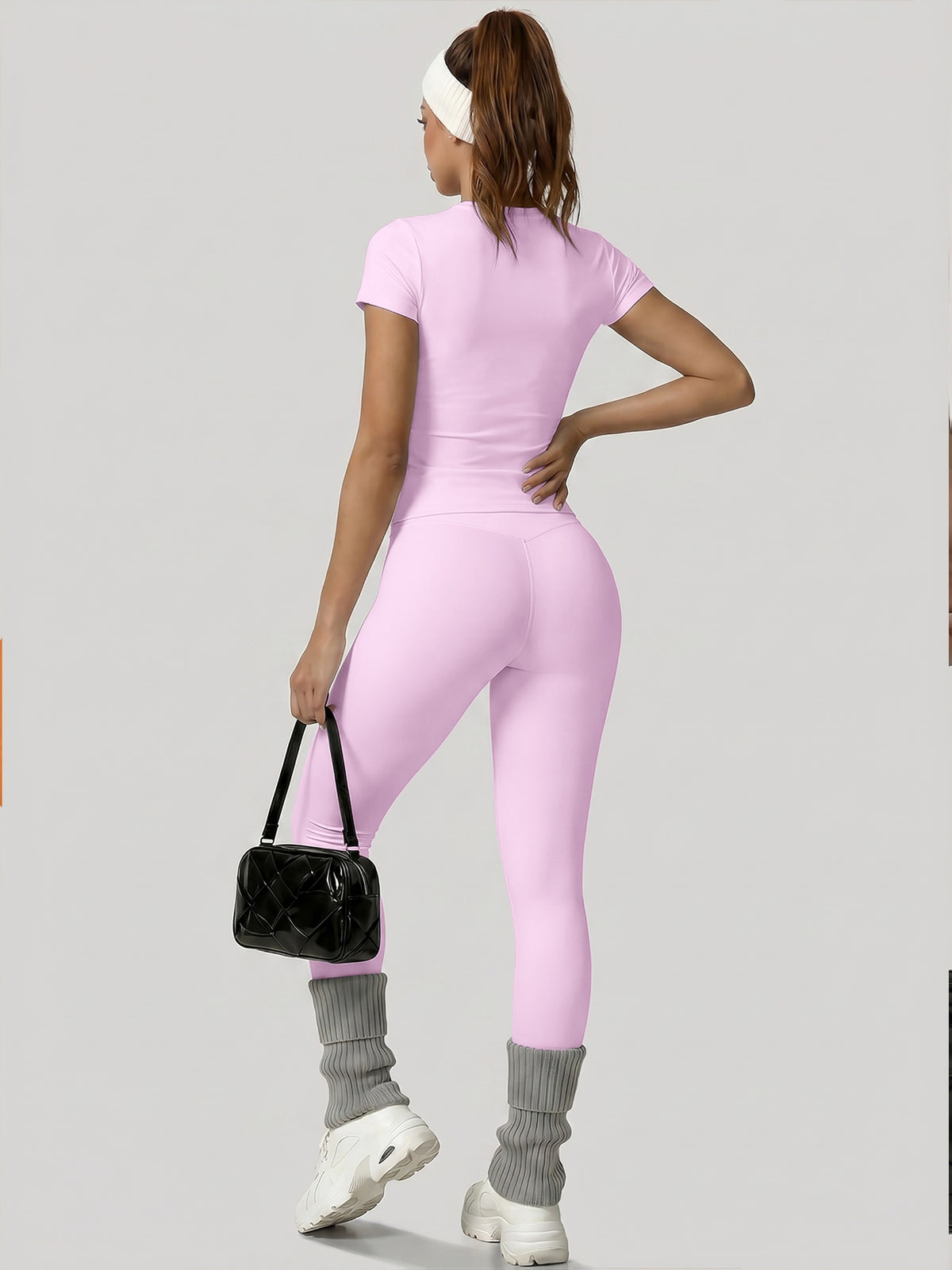 Round Neck Top & Tummy Tuck Leggings Set - Pink