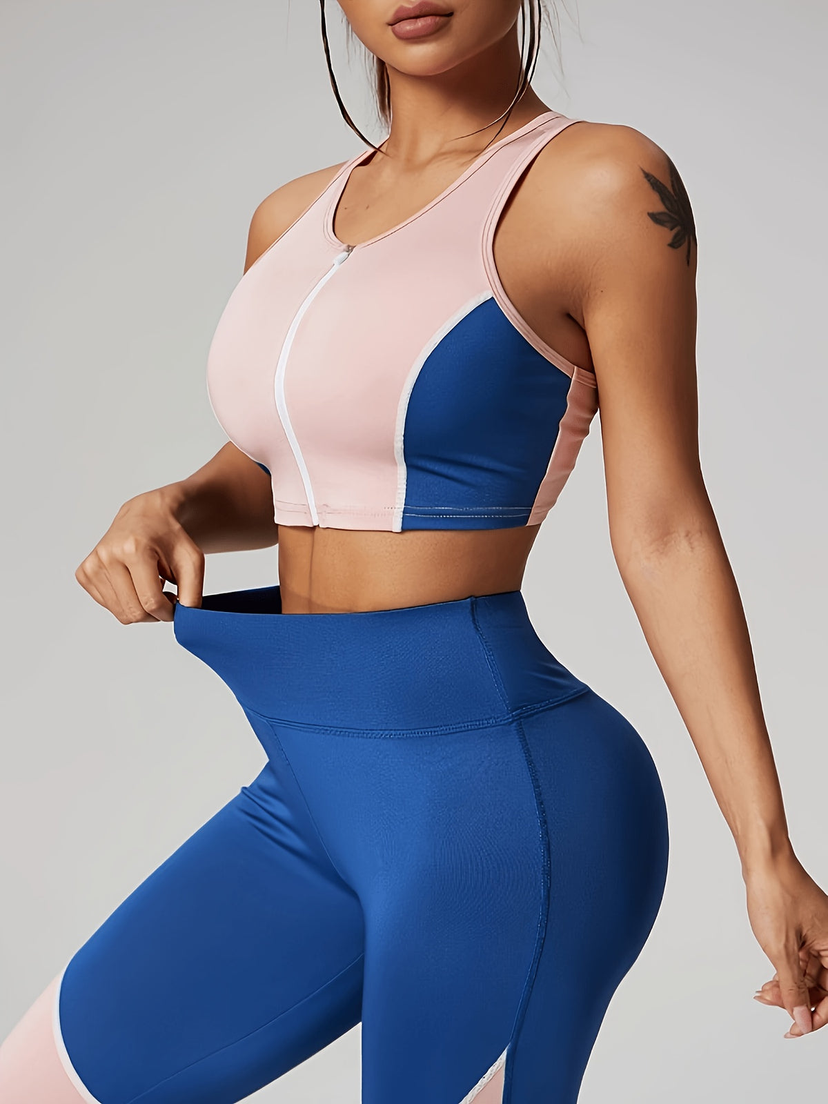 Colour Block Zip Crop Tank & Leggings Set - Blue Pink