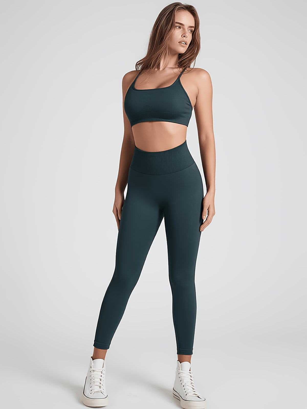 Spaghetti Strap Cross Back Bra & Leggings Set - Dark Green