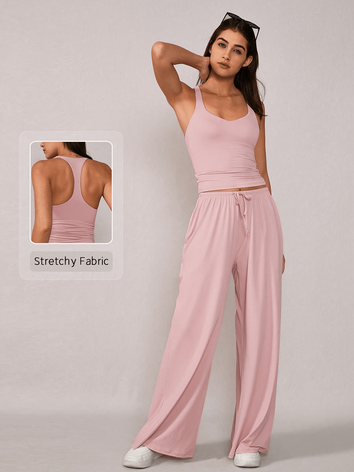 Racerback Tank & Wide Leg Pants Set - Light Pink