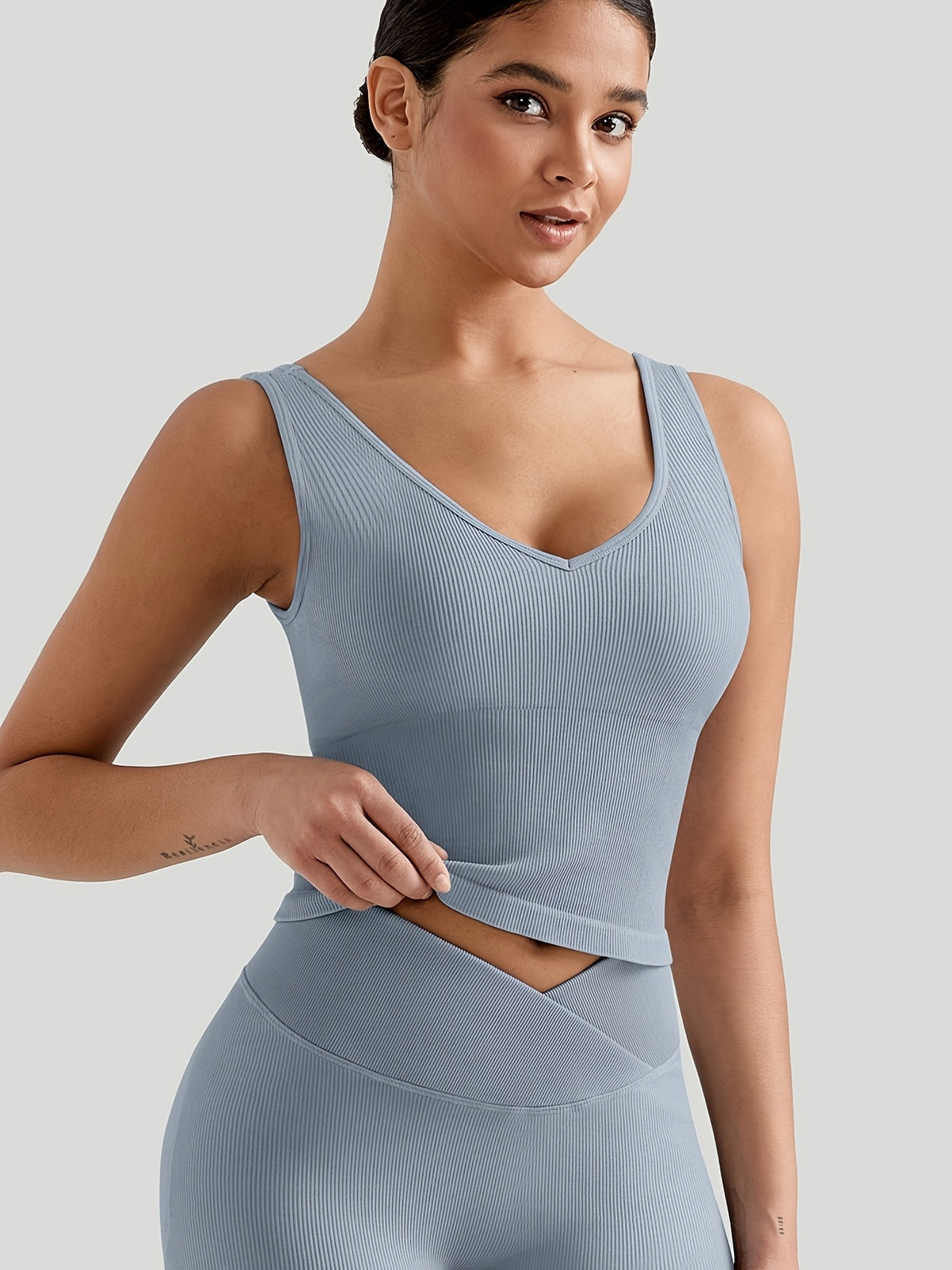 V-Neck Tank & V-Waist Shorts Set - Light Blue