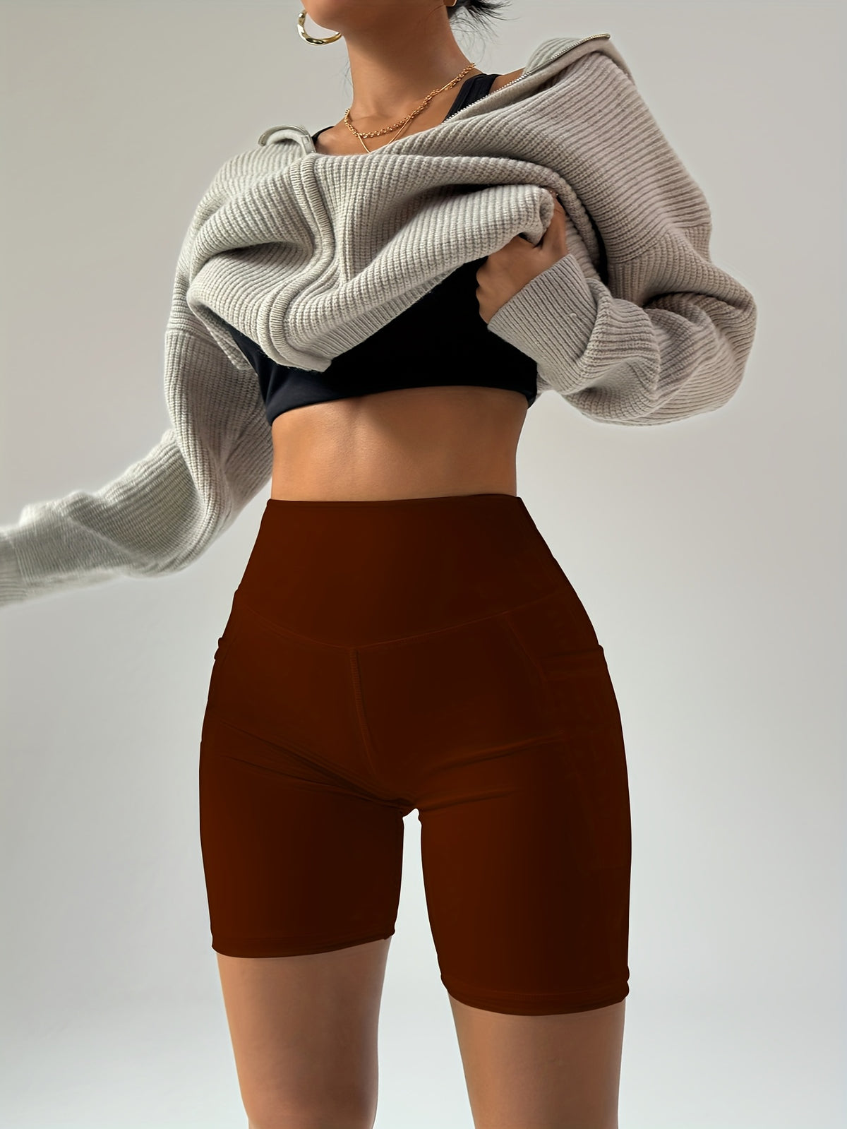 High Waist Pocket Biker Shorts - Coffee