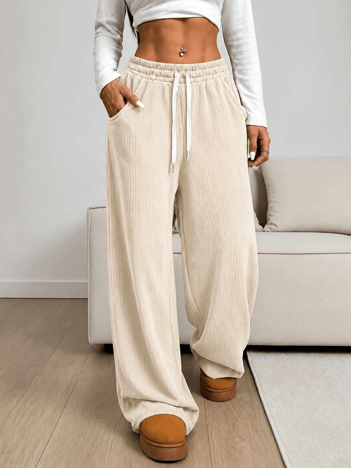Corduroy Drawstring Wide Leg Pants - Light Yellow