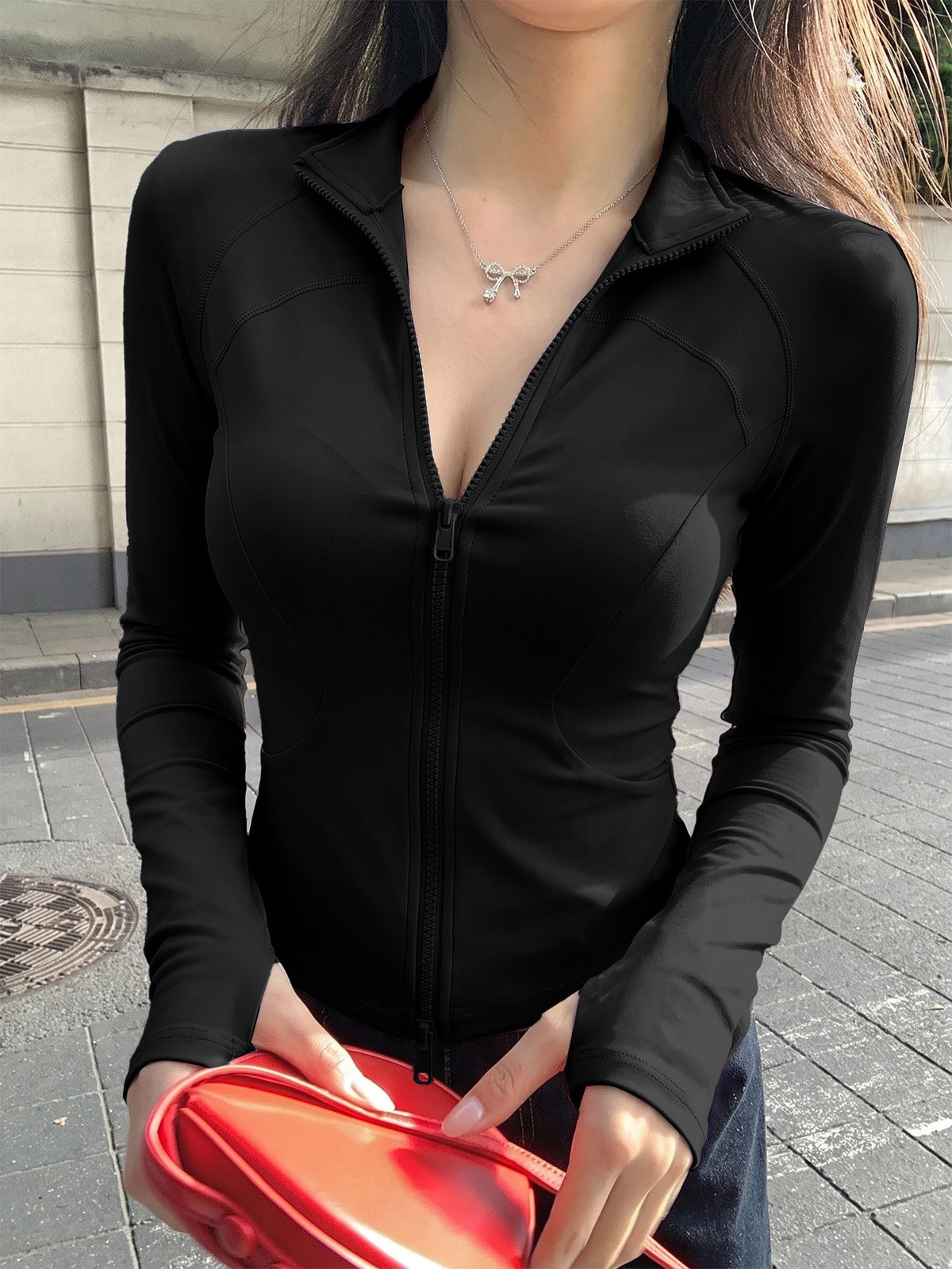 Double Zip Thumb Loop Fitted Jacket - Black