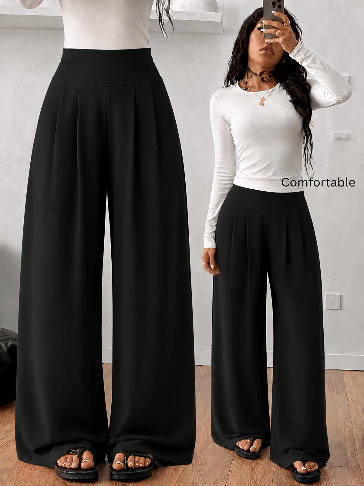 Front Pleated Wide Leg Palazzo Pants - Black