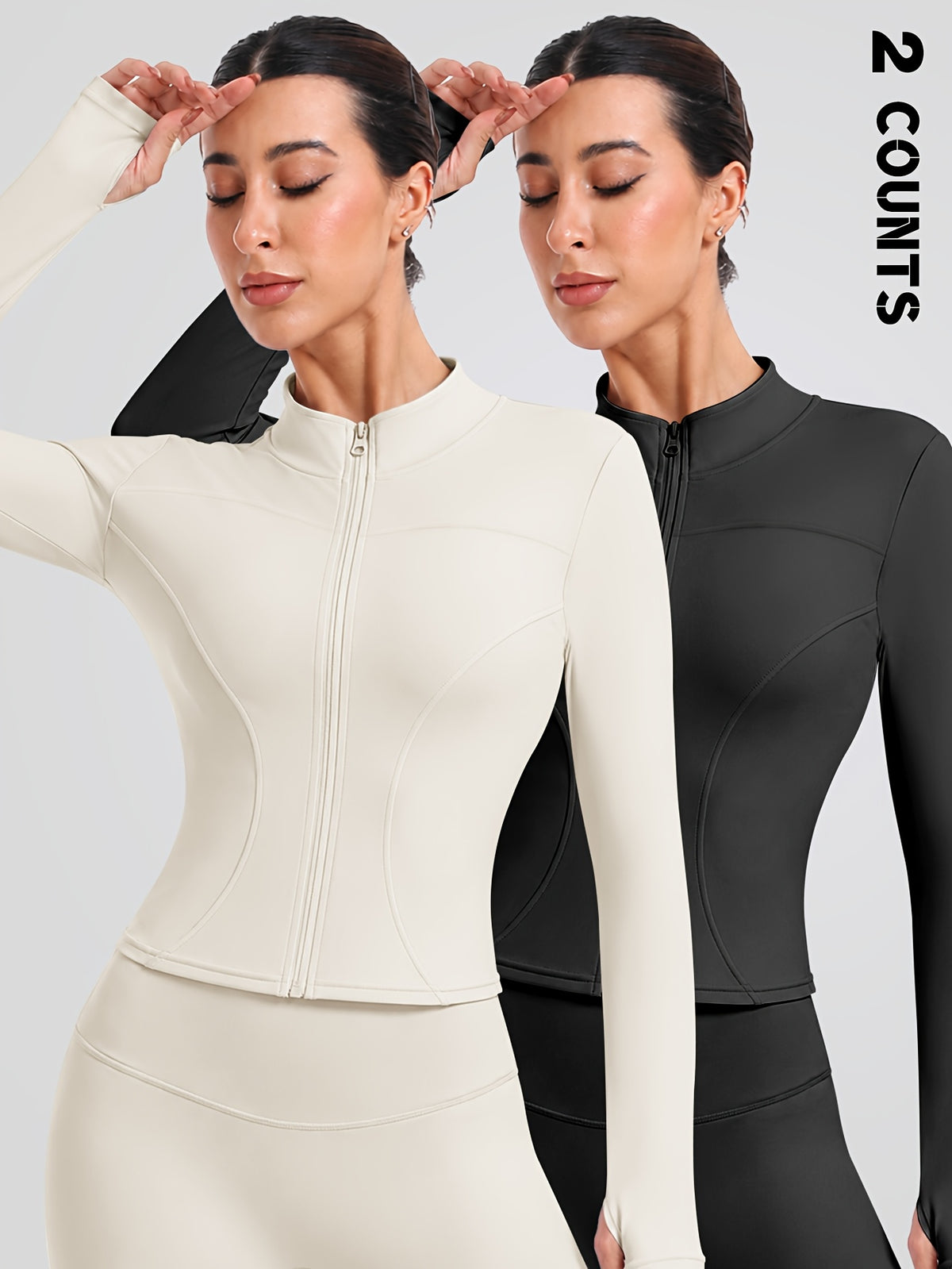 2 Pack Thumbhole Zip Jackets - Cream & Black