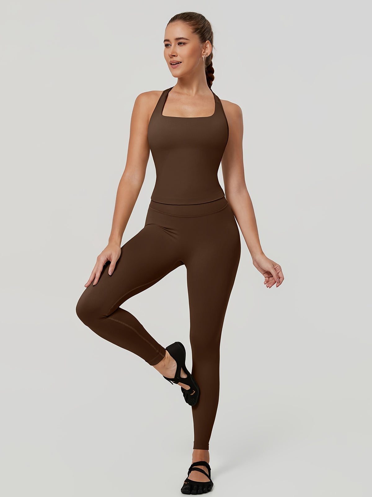 Square Neck Halter Tank & Leggings Set - Mocha Brown