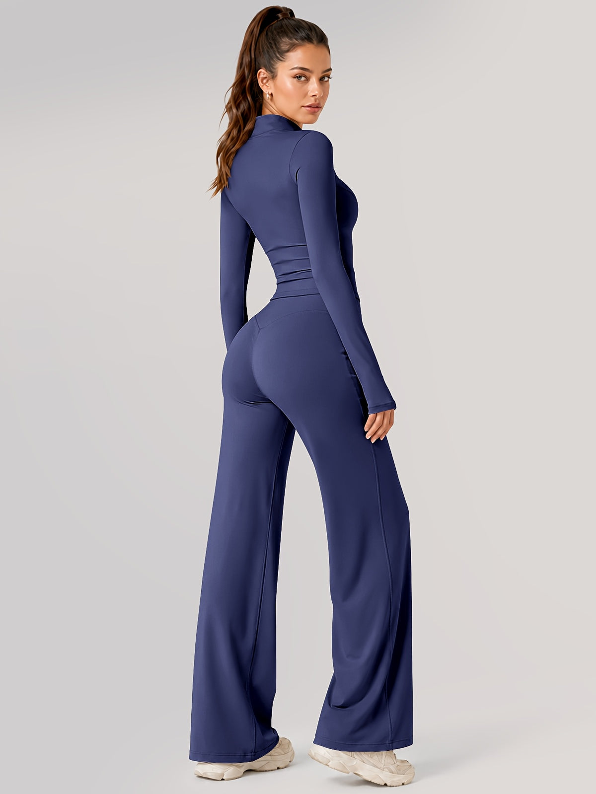 Zip Jacket & Wide Leg Pants Set - Navy