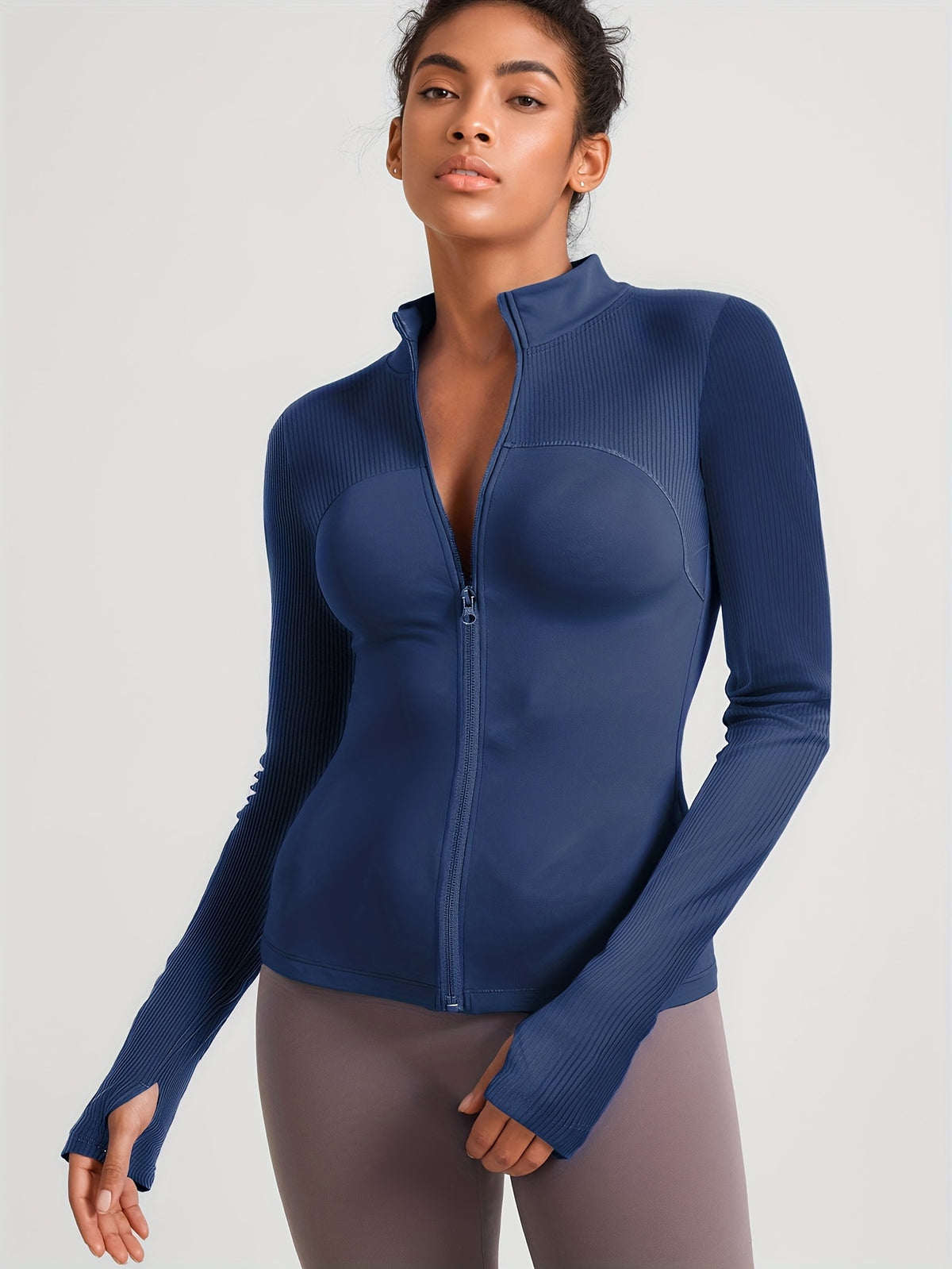 Striped Stand Collar Thumbhole Jacket - Navy