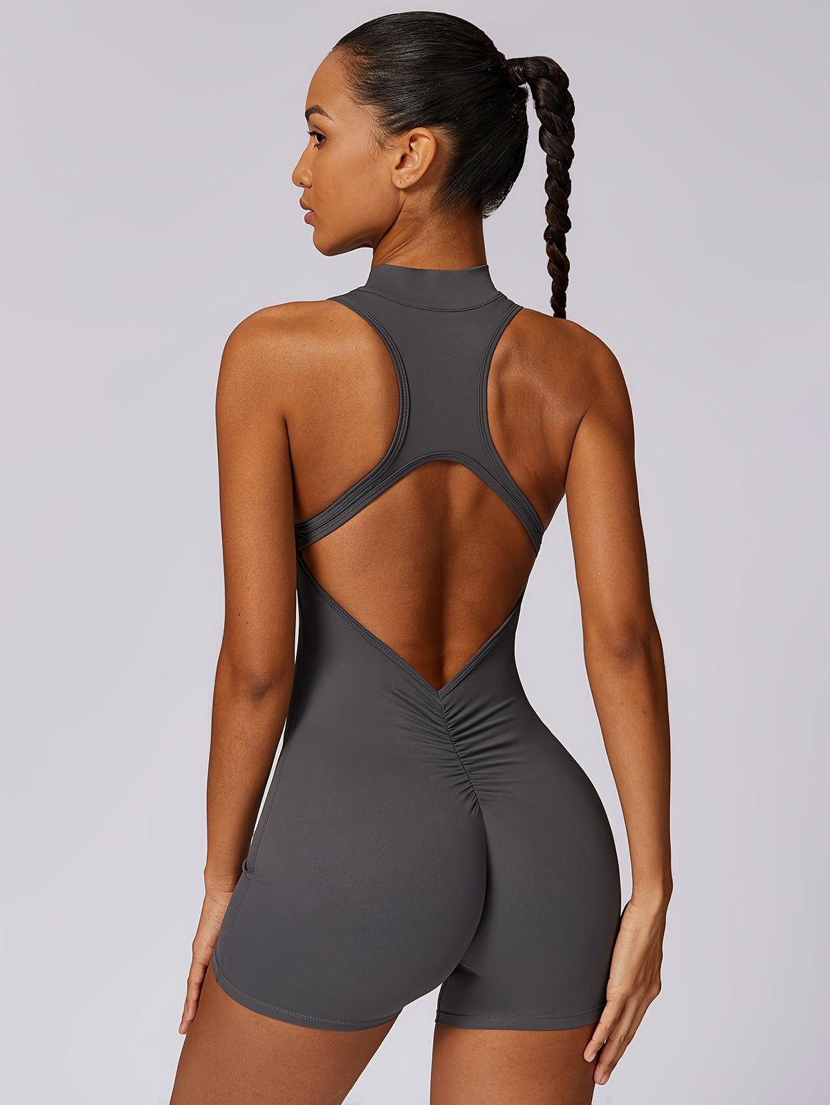 Zip Front Short Yoga Jumpsuit - Lead Grey