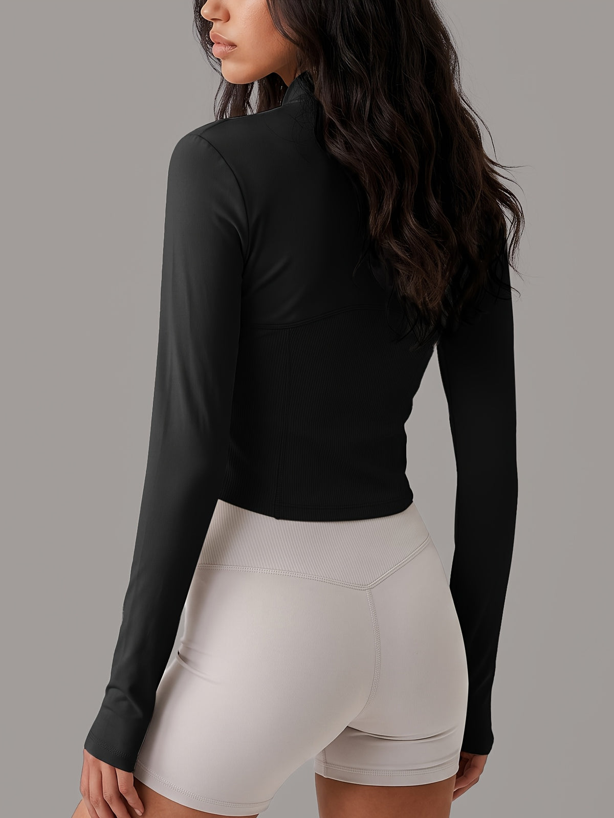 Curved Hem Stand Collar Zip Jacket - Black