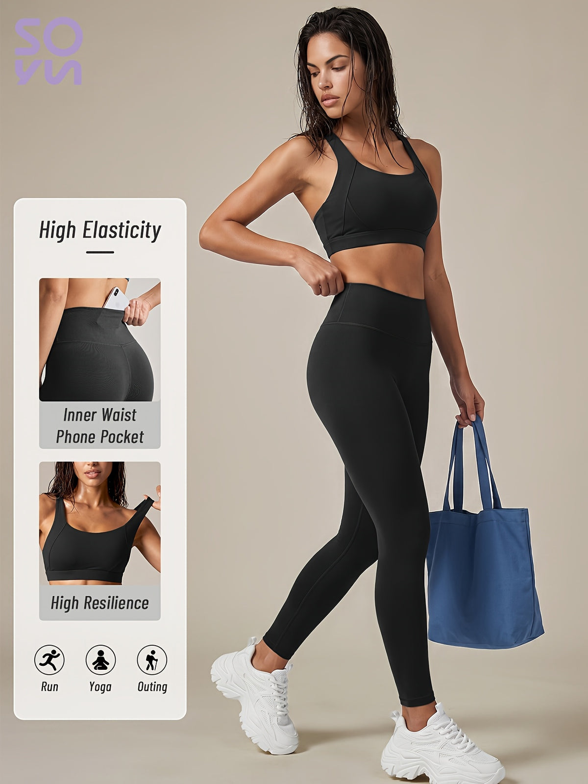 Criss Cross Bra & Pocket Leggings Set - Black