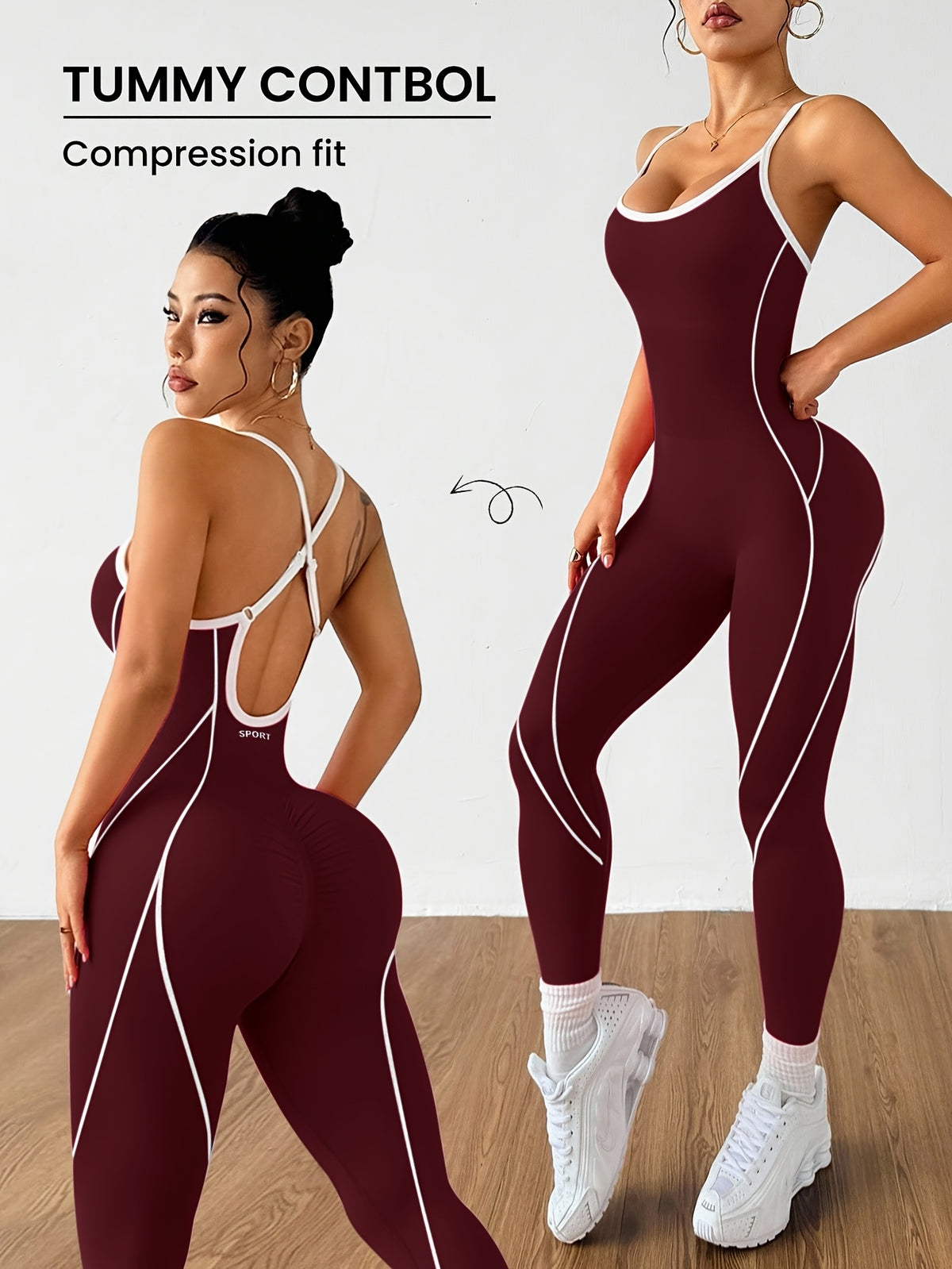Criss Cross Back Contour Jumpsuit - Burgundy