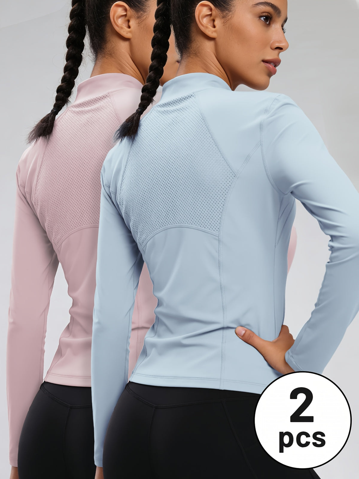 2 Pack Half Zip Mesh Back Tops - Blue & Pink