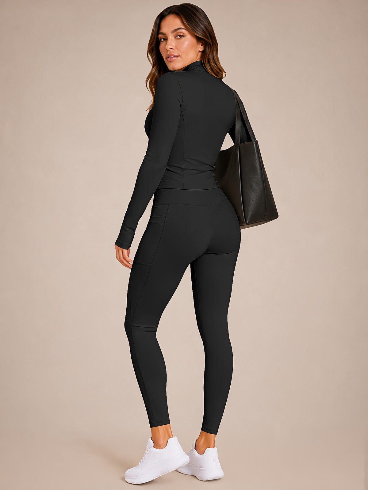 Stand Collar Jacket & Leggings Set - Black