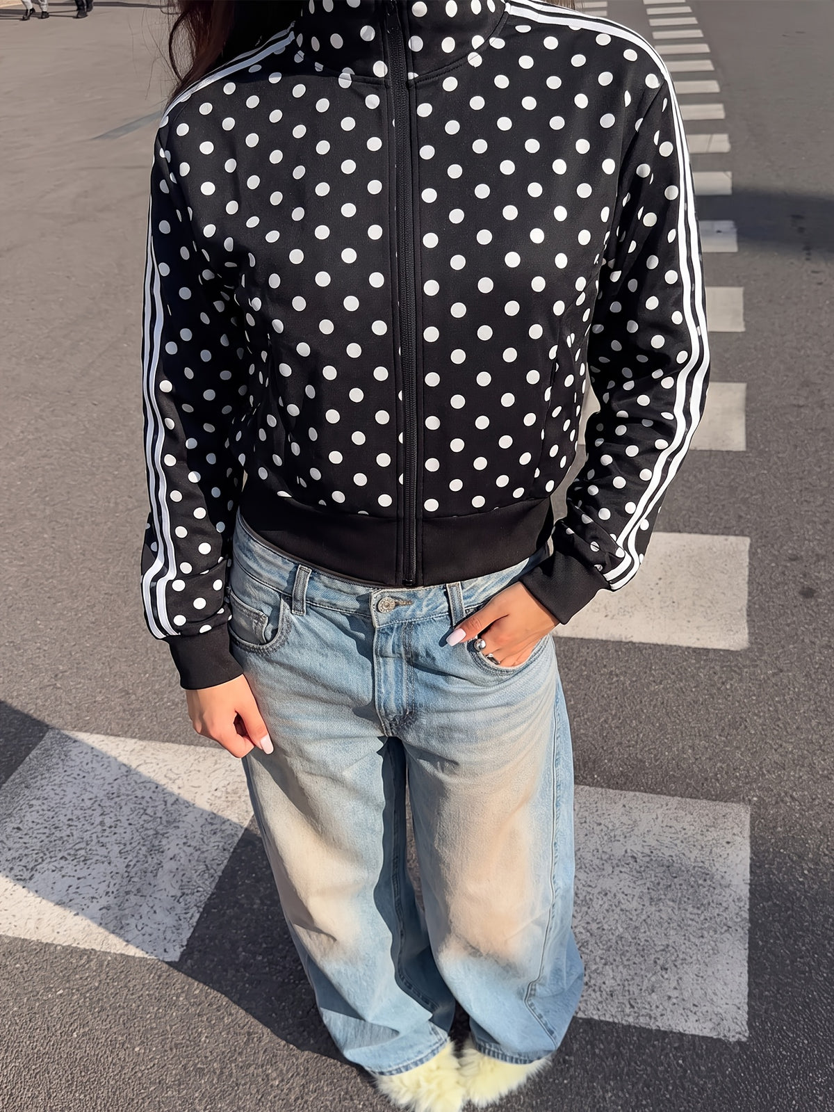 Polka Dot Stand Collar Zip Jacket - Black