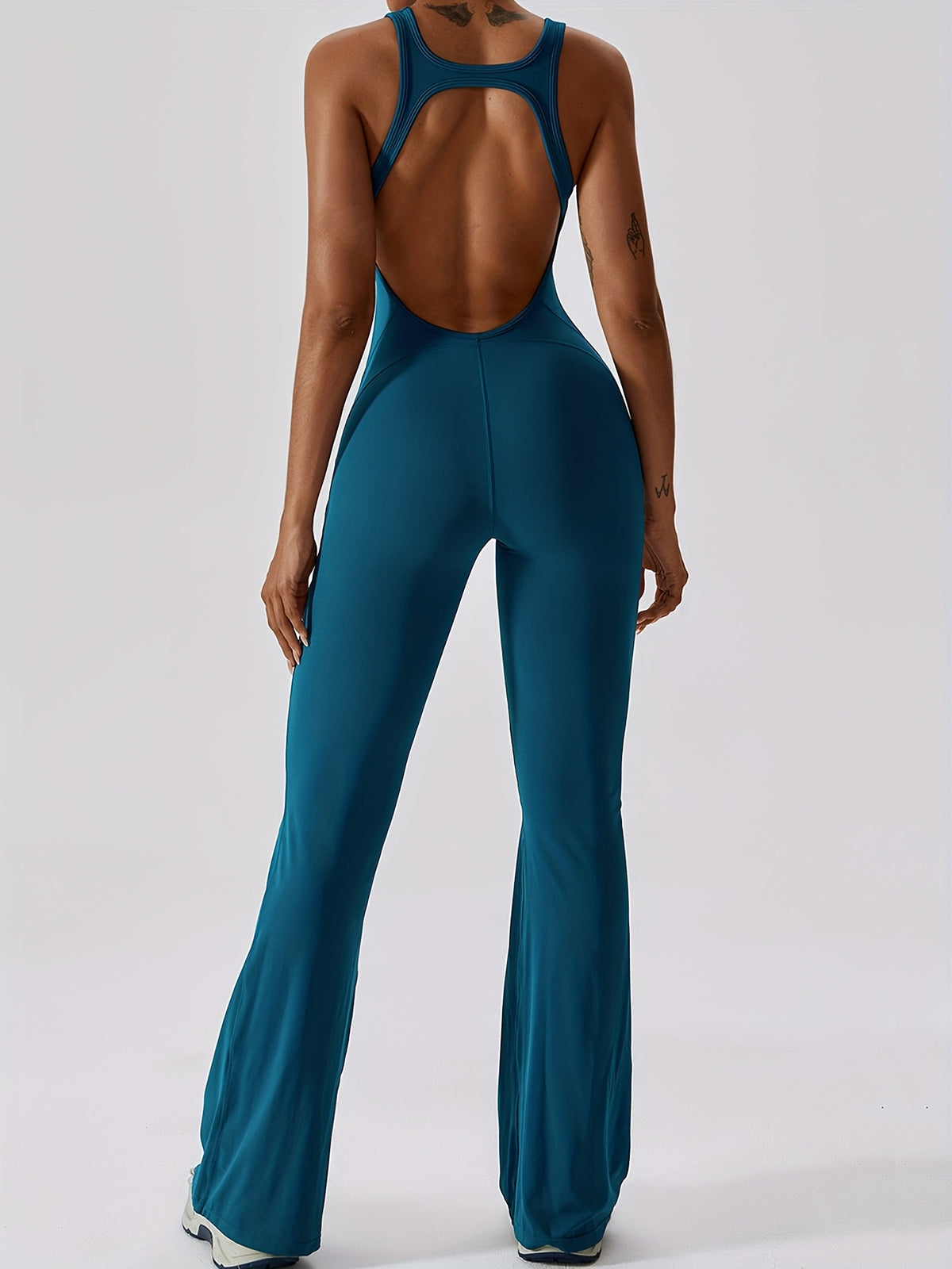 Open Back Padded Flare Jumpsuit - Dark Blue