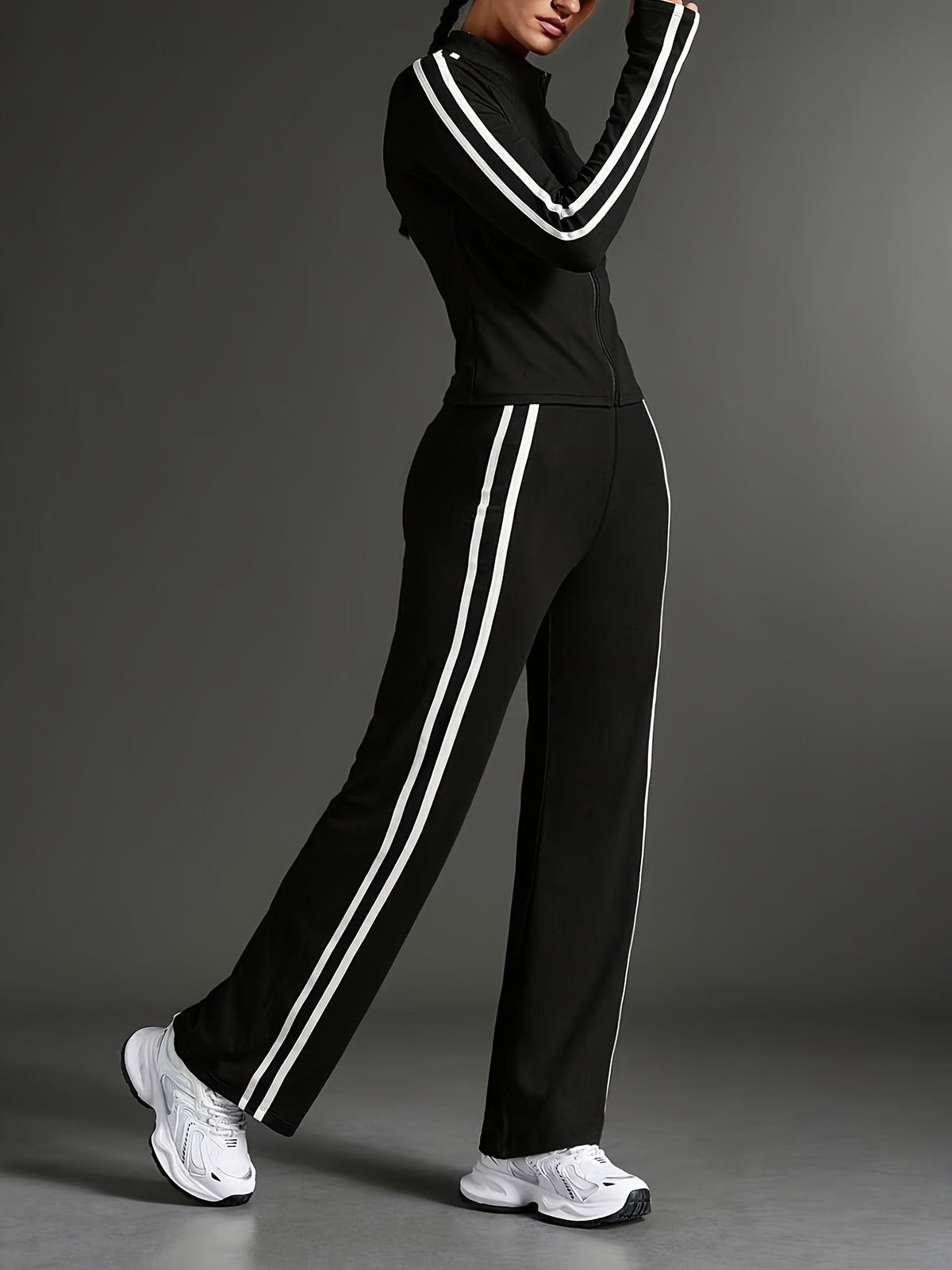 Thumbhole Crop Jacket & Wide Leg Pants Set - Black