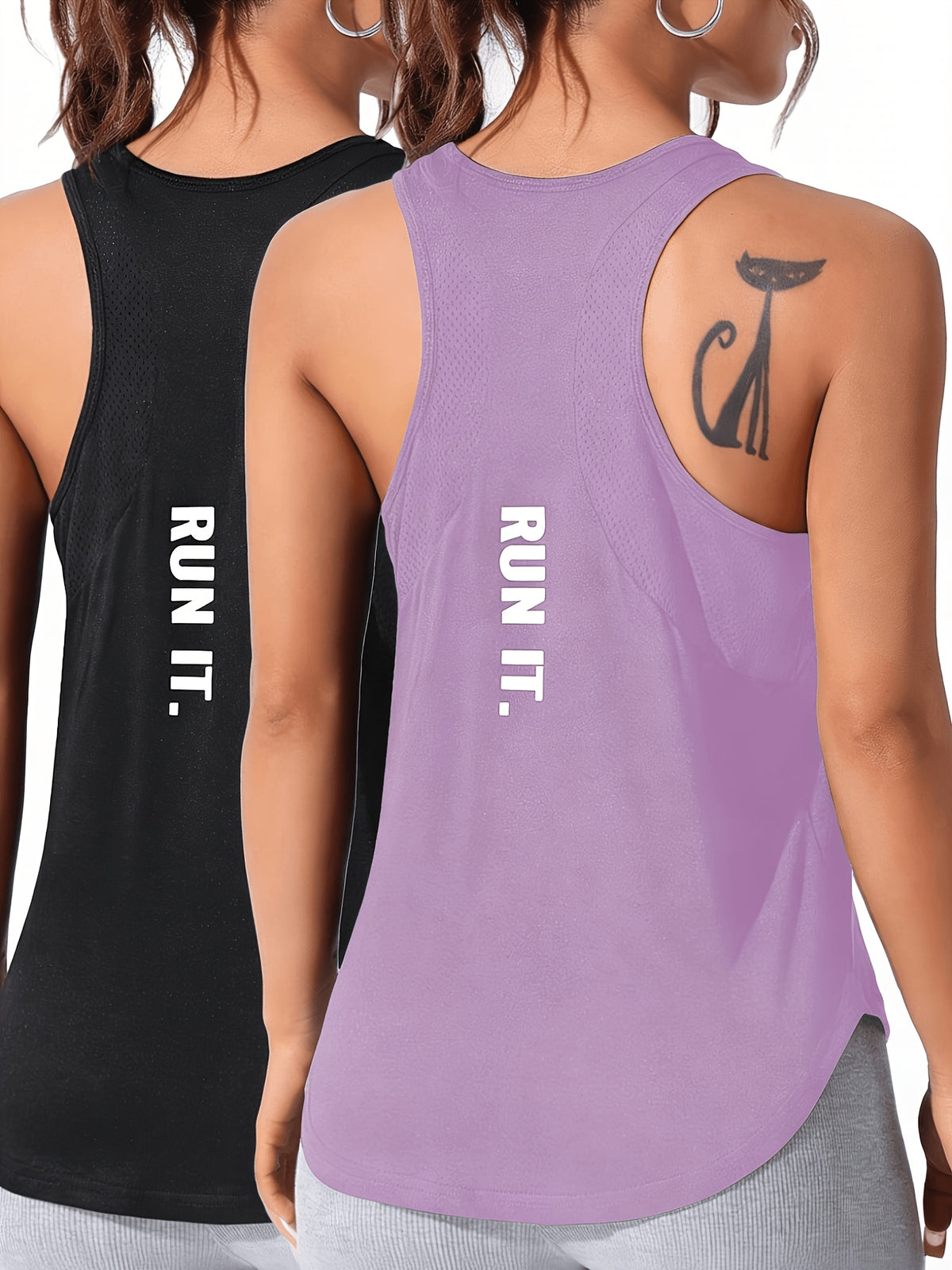Mesh Panel Letter Print Tee & Vest Set - Black & Lavender