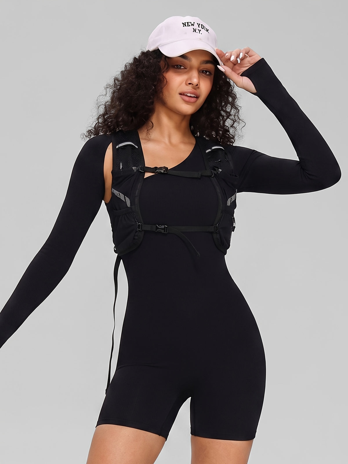 One Shoulder Long Sleeve Jumpsuit - Black