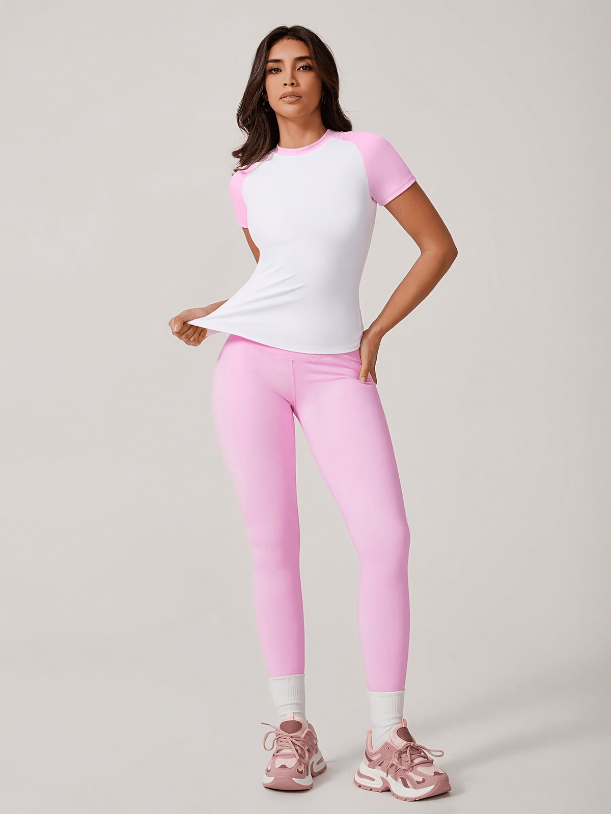 Colour Block Tee & Leggings Set - Pink & White
