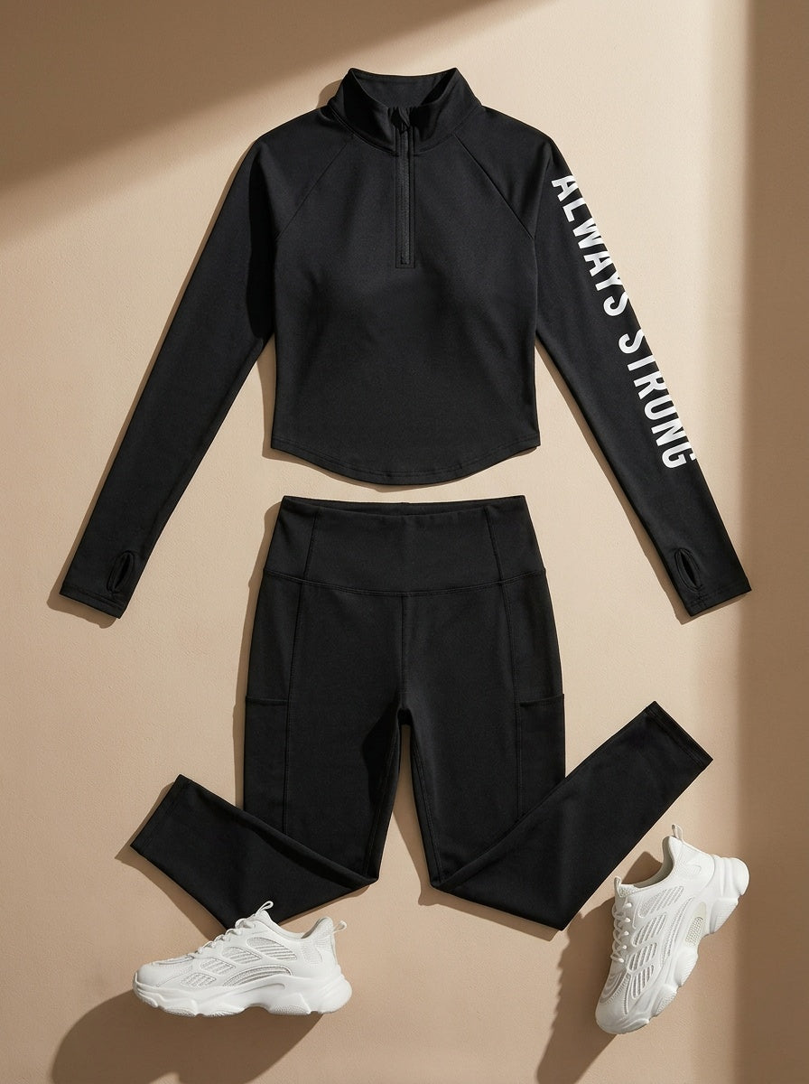 Slogan Sleeve Zip Top & Leggings Set - Black