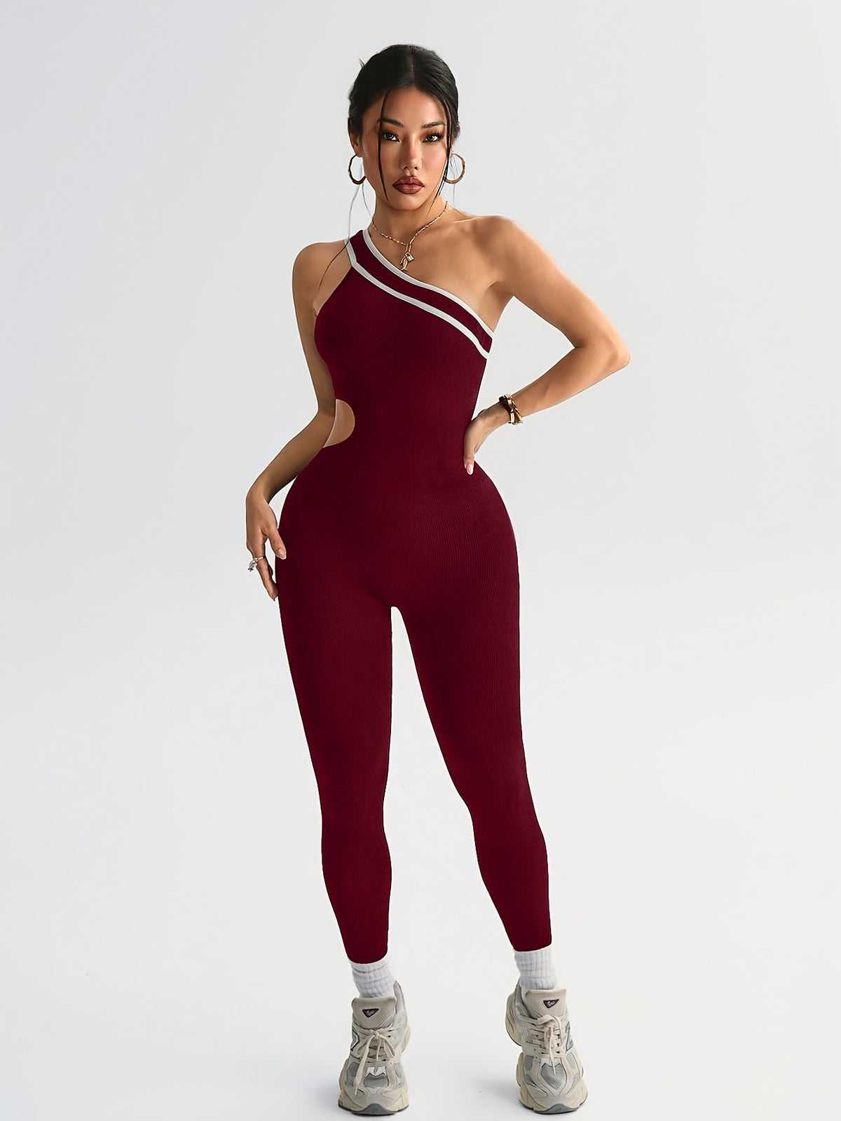 One Shoulder Cutout Jumpsuit - Burgundy