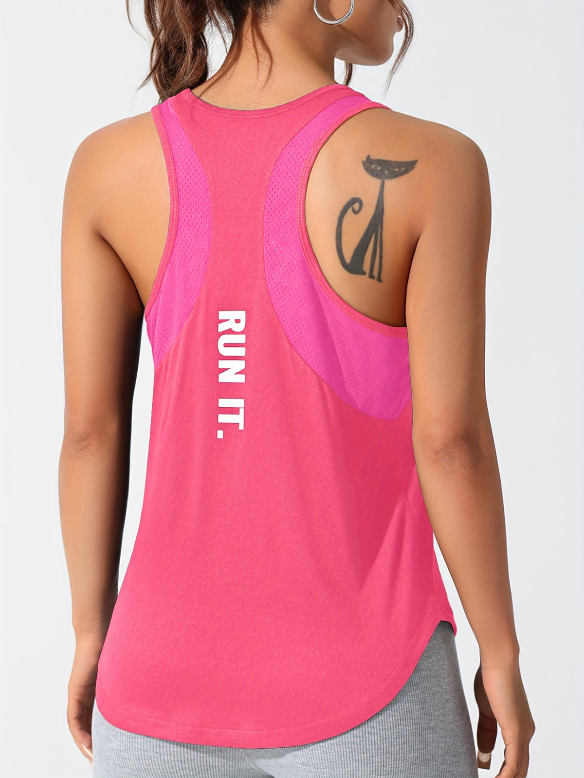 Mesh Panel Letter Print Tee & Vest Set - Black & Rose Red