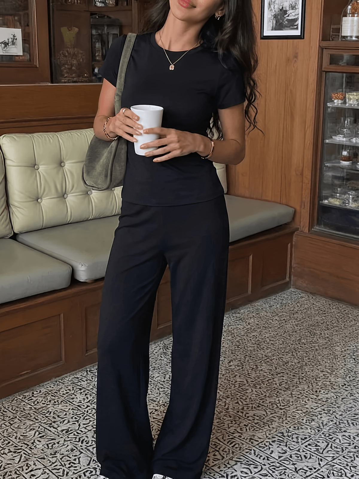 Tee & Wide Leg Pants Set - Black