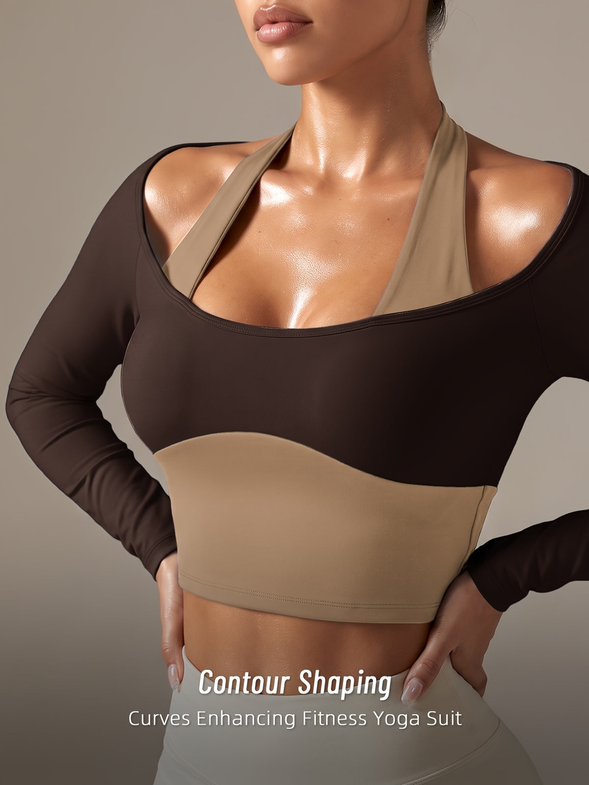 Faux Two-Piece Halter Color Block Top - Coffee
