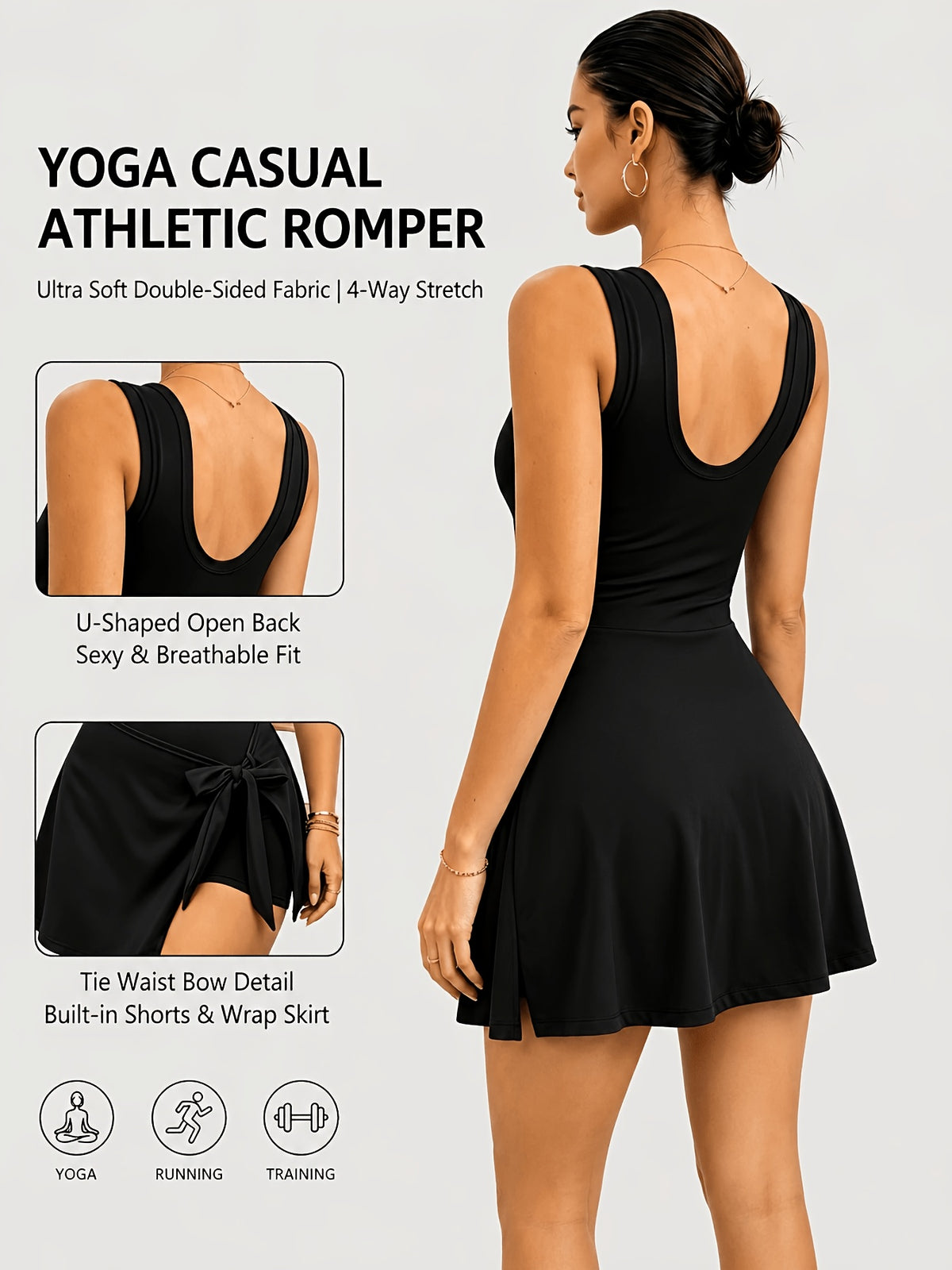 2-in-1 Side Tie Wrap Tennis Dress - Black