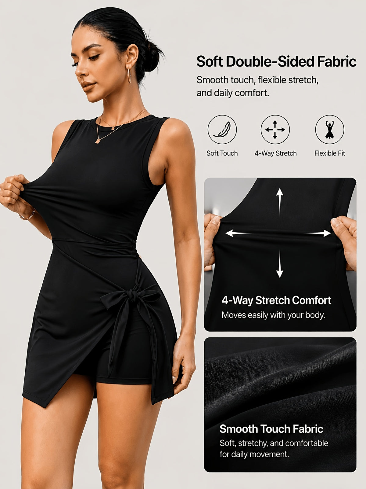2-in-1 Side Tie Wrap Tennis Dress - Black