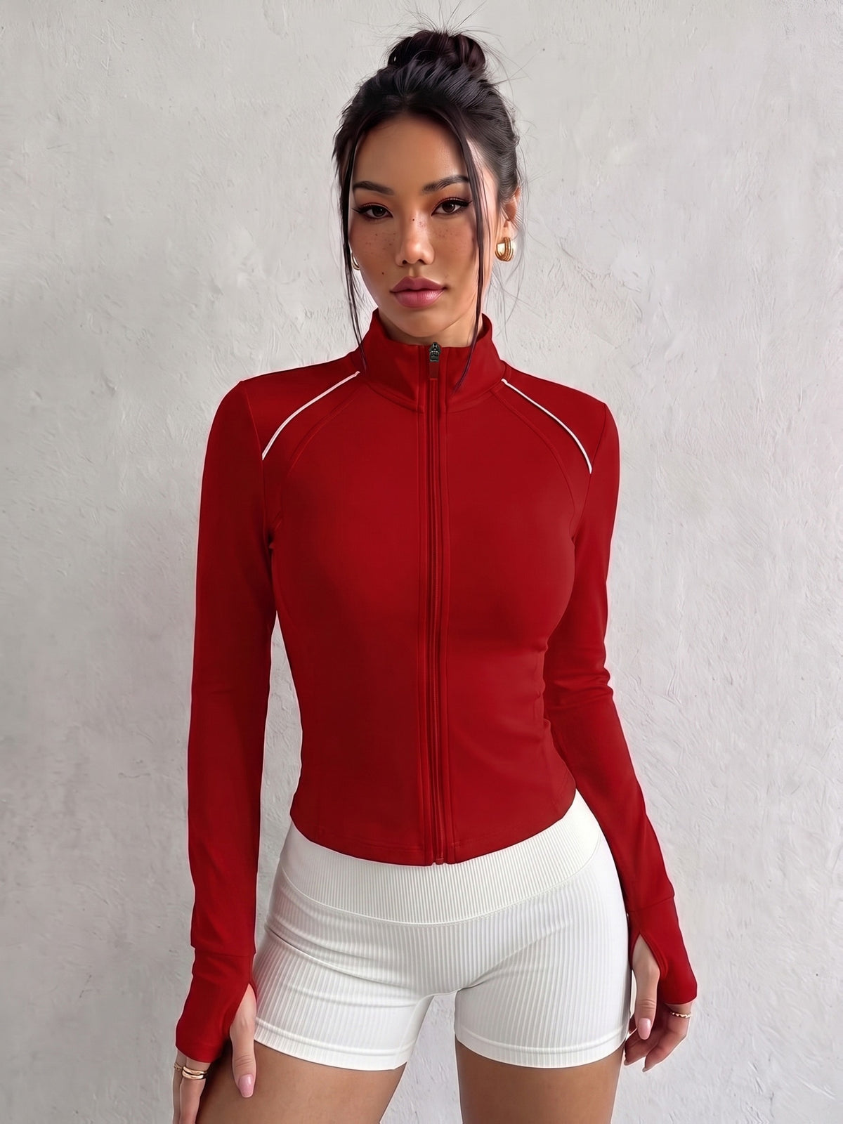 Contrast Line Cropped Zip Jacket - Burgundy