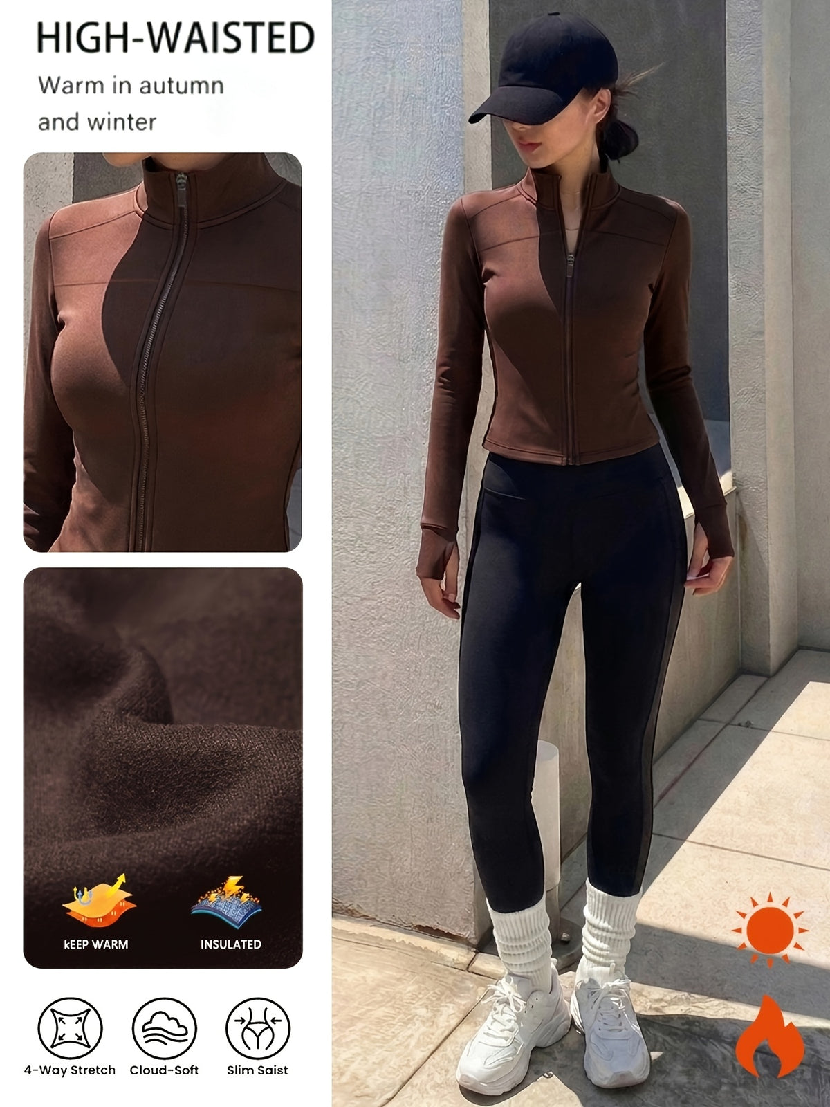 Lined Stand Collar Cropped Zip Jacket - Coffee