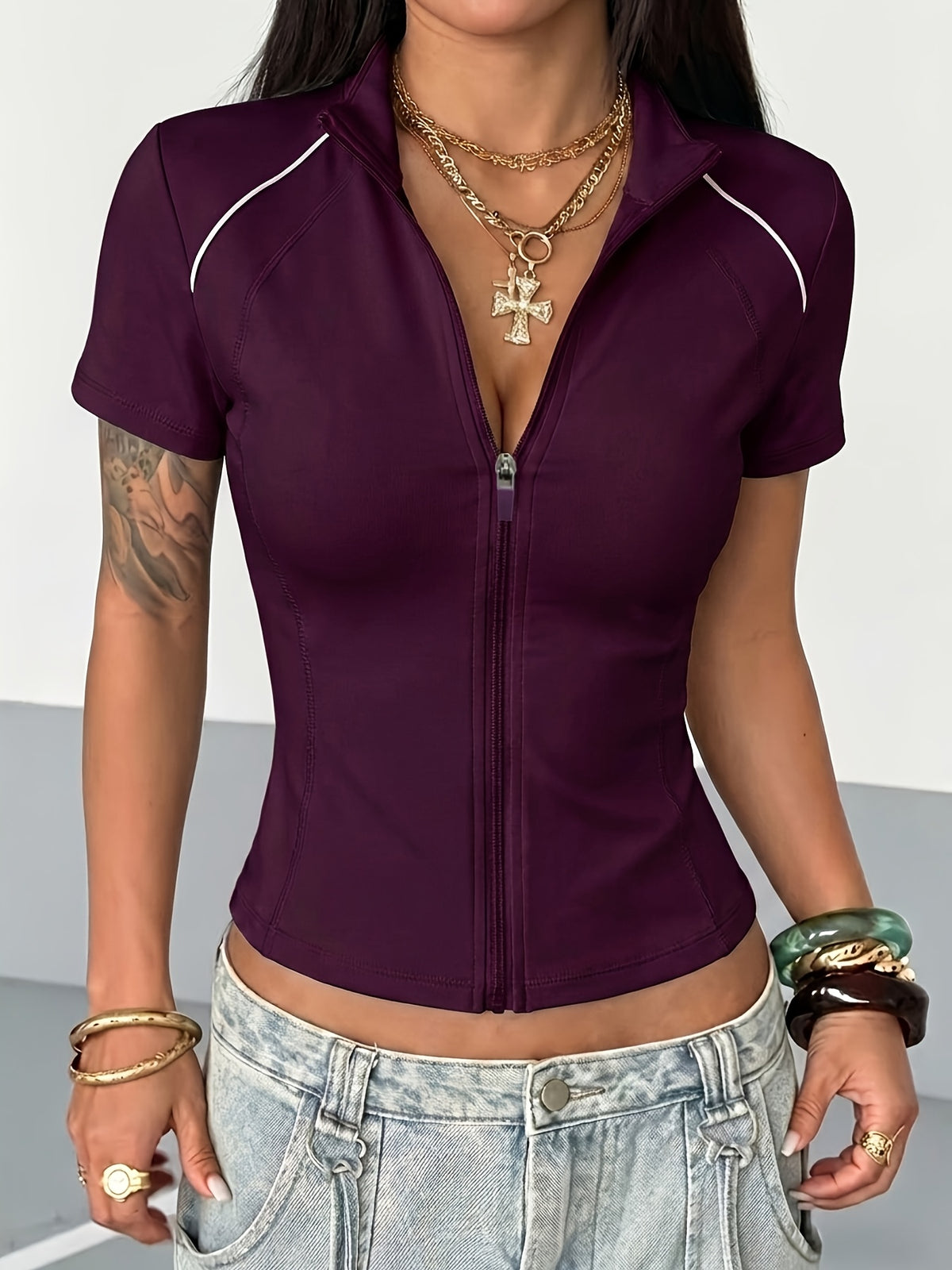 Contrast Stripe Half-Zip Jacket - Deep Purple
