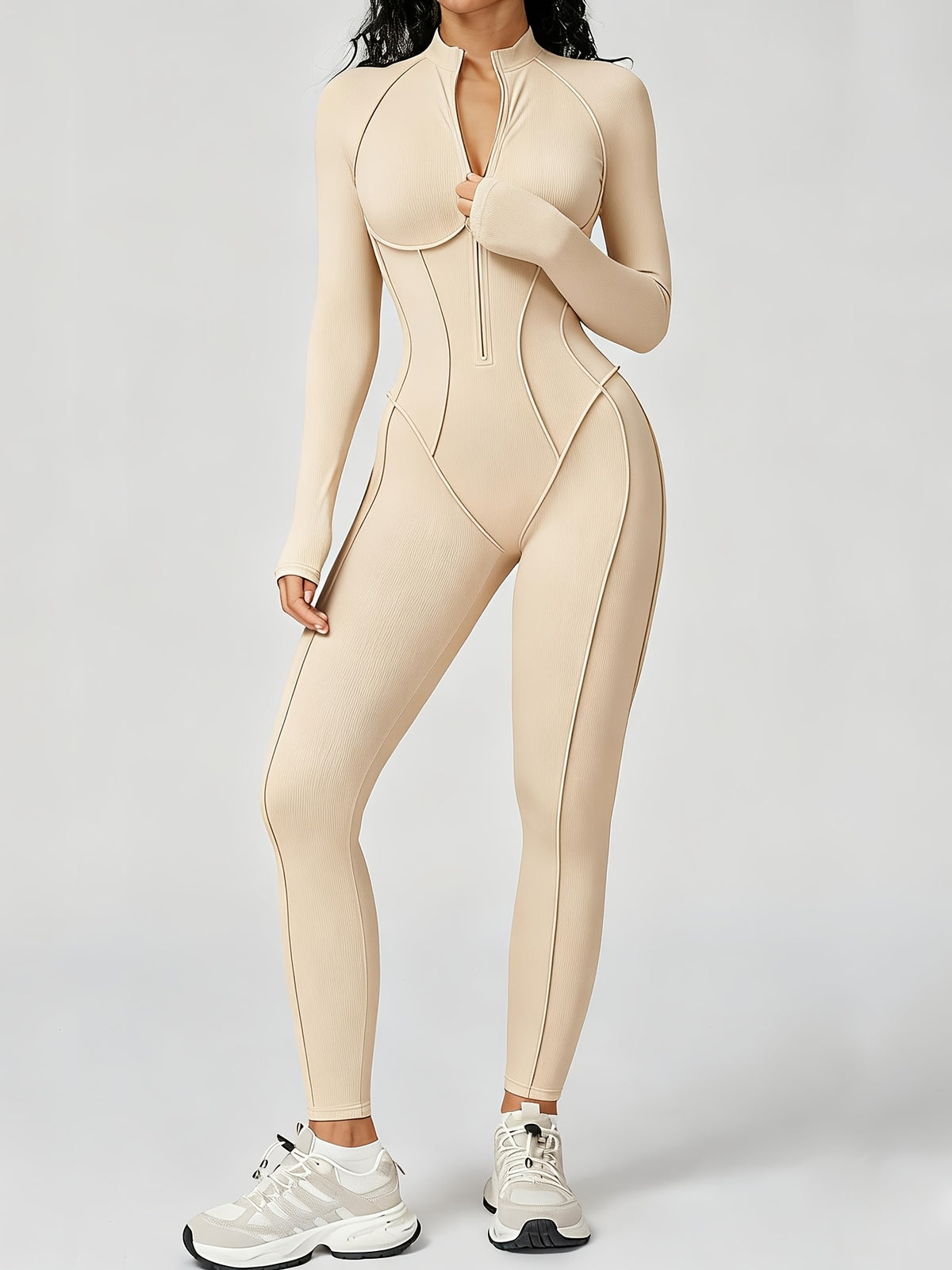 Half Zip Long Sleeve Jumpsuit - Oatmeal Apricot