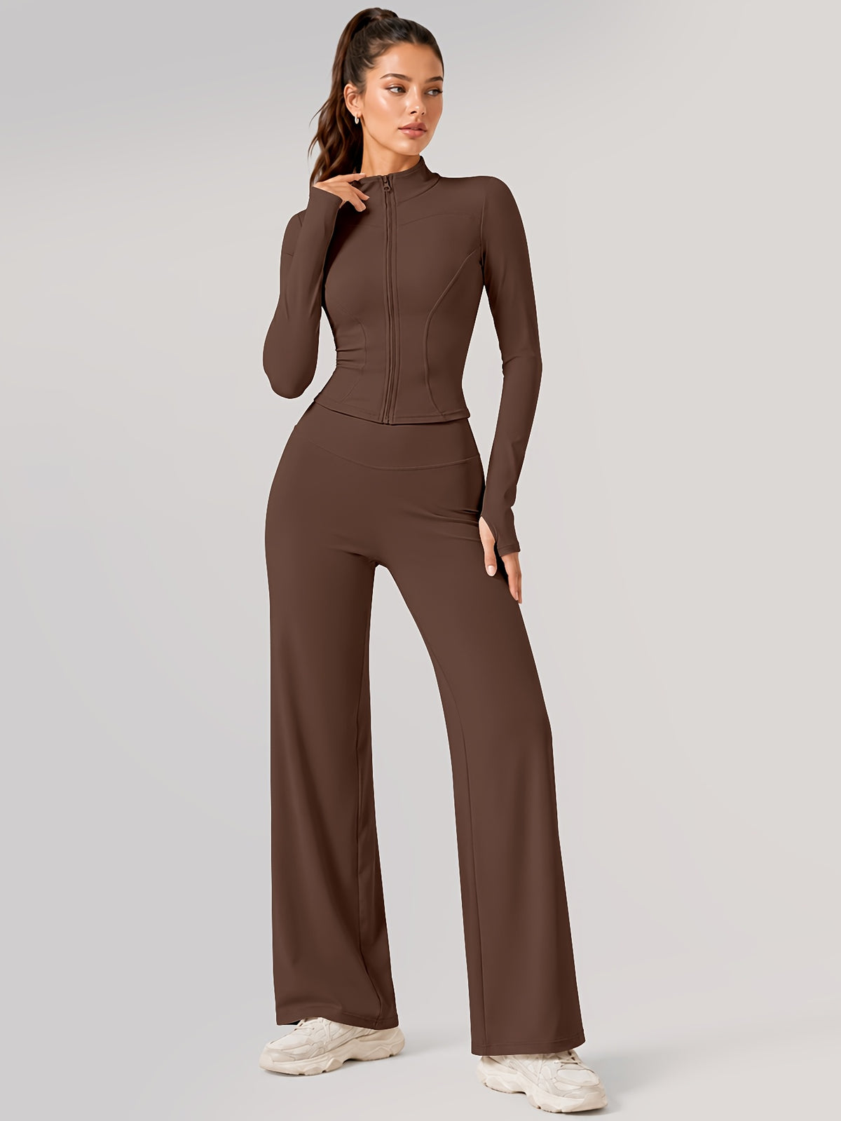 Zip Jacket & Wide Leg Pants Set - Brown