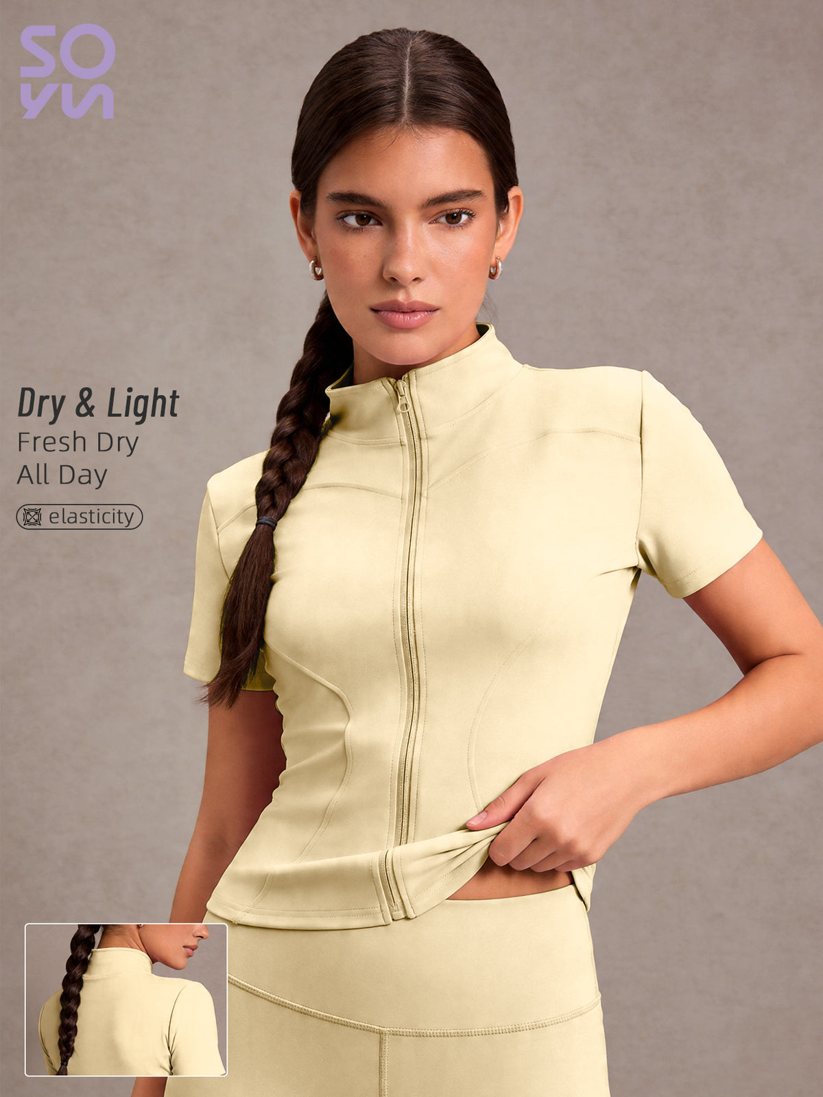 Short Sleeve Zip Up Slim Jacket - Light Yellow
