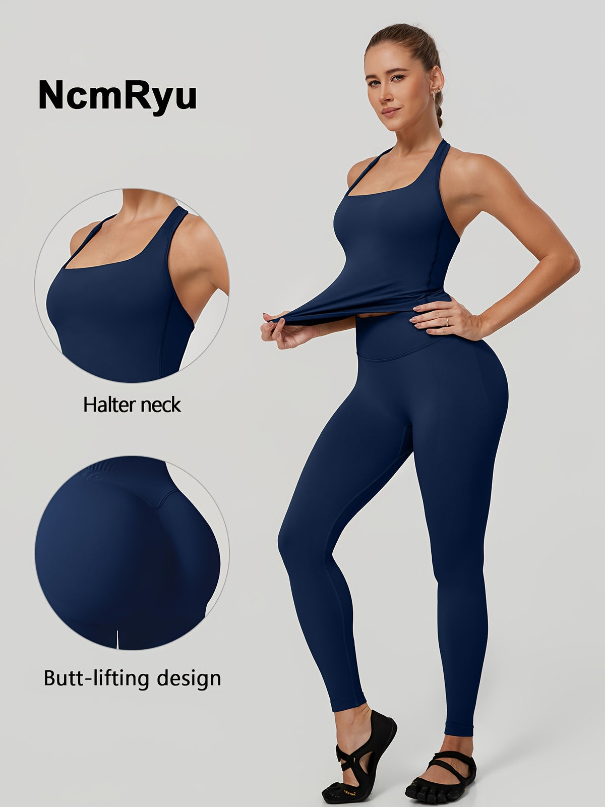 Square Neck Halter Tank & Leggings Set - Navy