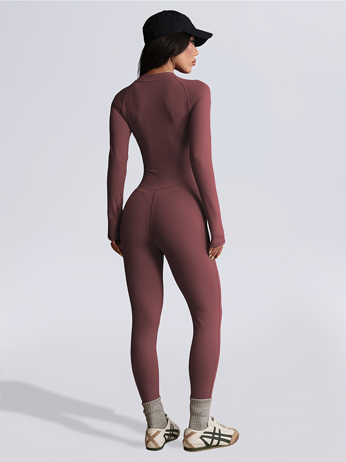 Zip Up Long Sleeve Jumpsuit - Burgundy