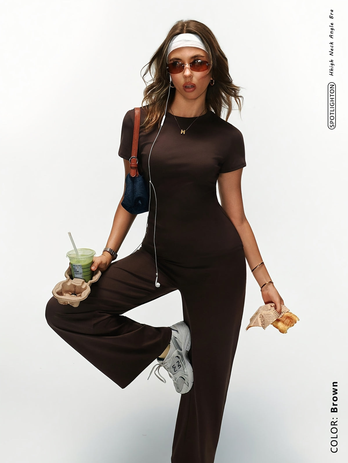 Tee & Wide Leg Pants Set - Coffee