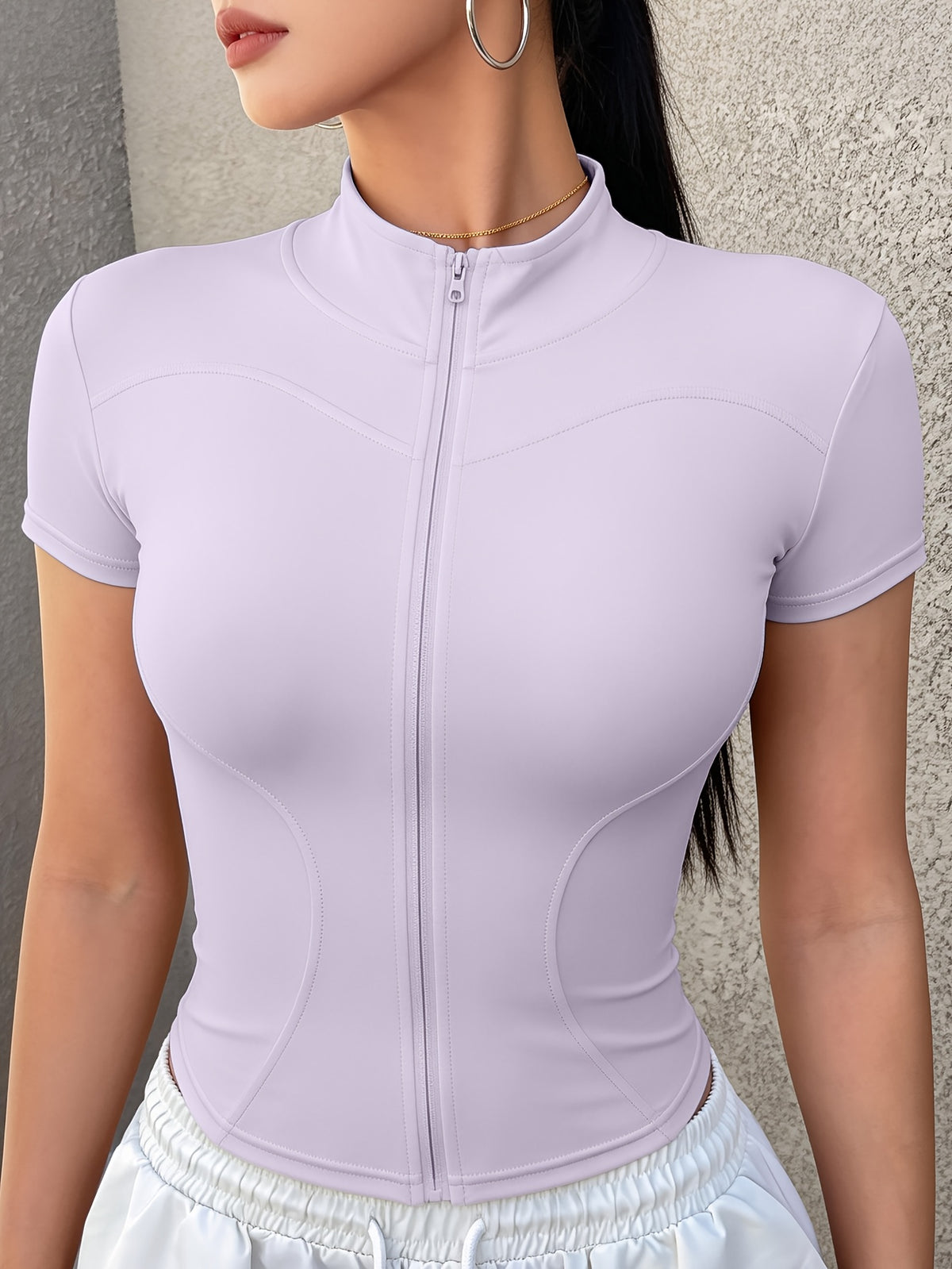 Short Sleeve Zip Cropped Yoga Jacket - Light Purple