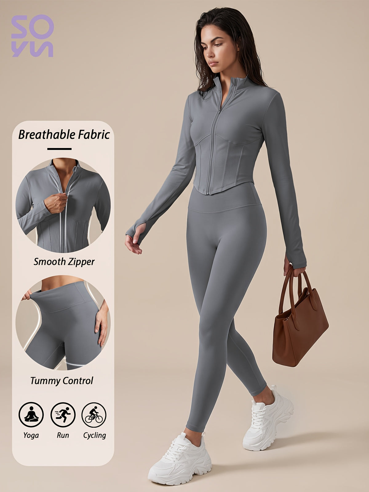 Nylon Zip Jacket & Lifting Leggings Set - Gray