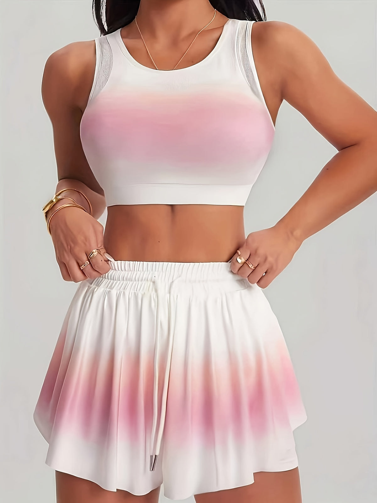 Mesh Panel Crop Bra Flowy Set - Pink And White Gradient
