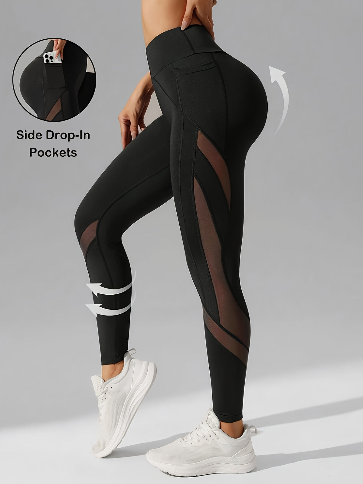Mesh Panel Side Pocket Leggings - Black