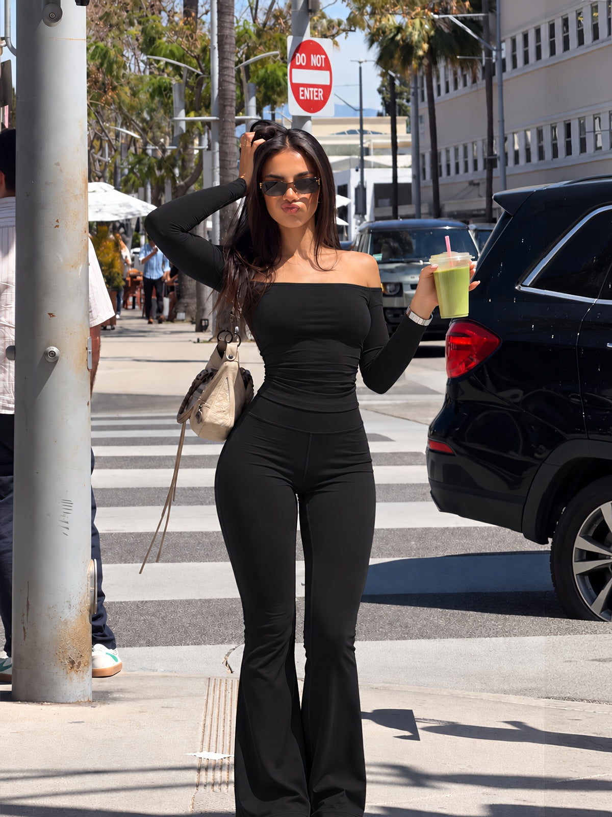One-Shoulder Long Sleeve & Flare Pants Set - Black