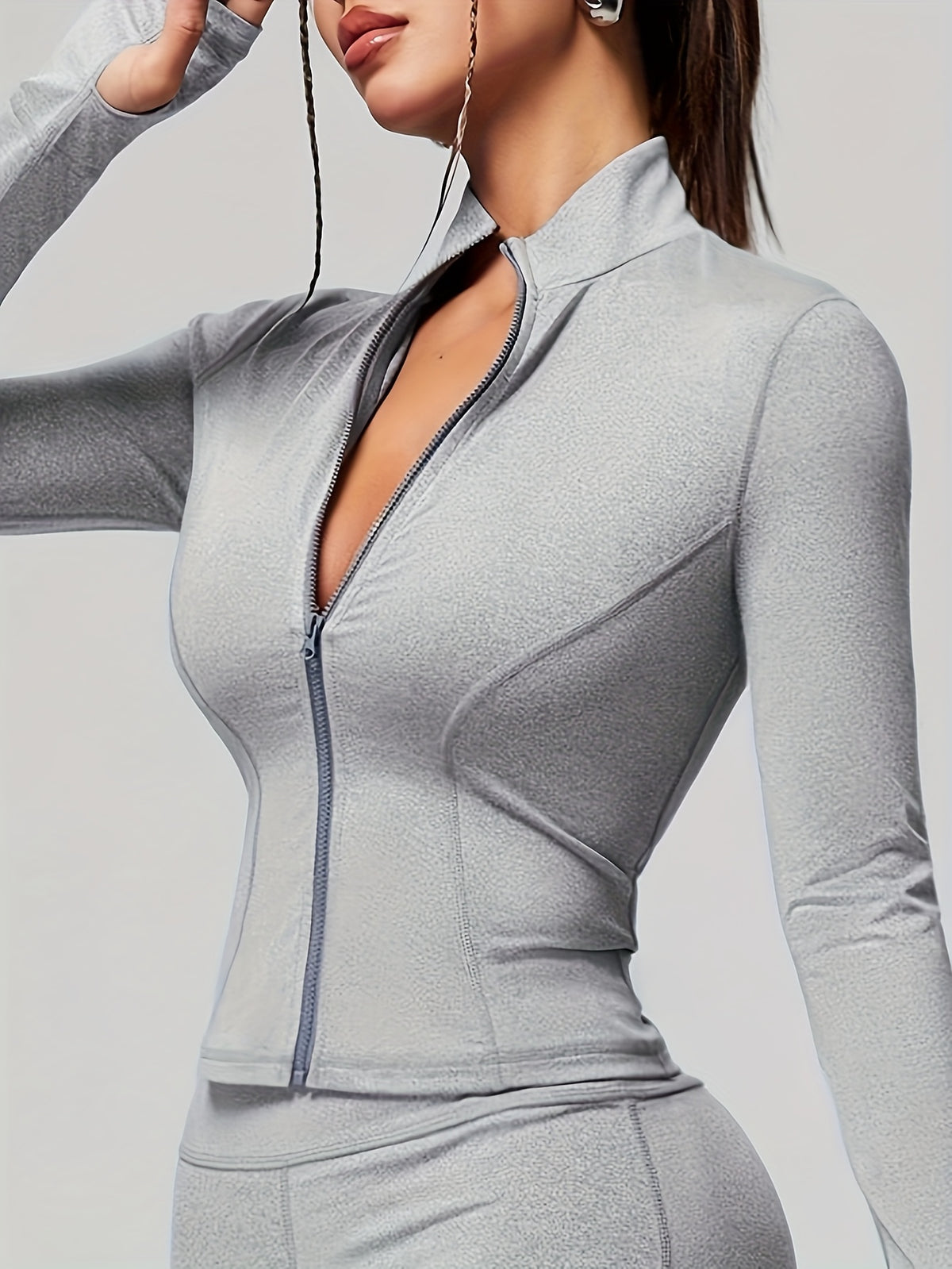 Slim Full Zip Long Sleeve Yoga Jacket - Light Grey