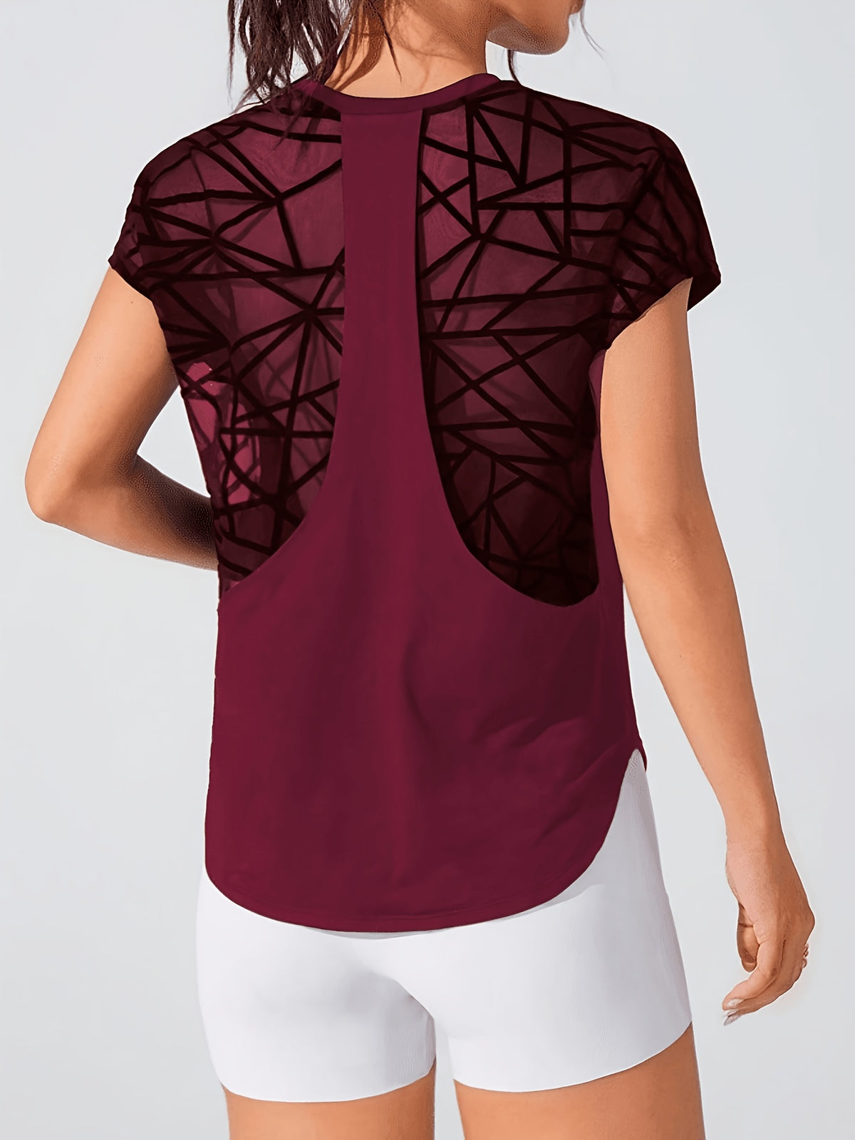 Geometric Mesh Back Sports Tee - Burgundy