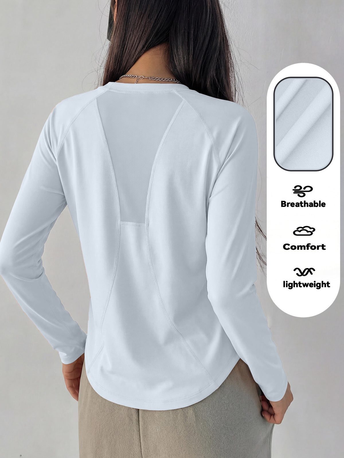 Mesh Back Panel Long Sleeve Top - Light Blue